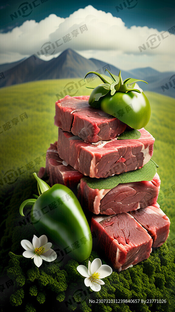 牛肉粒堆成小山 有切开的青椒