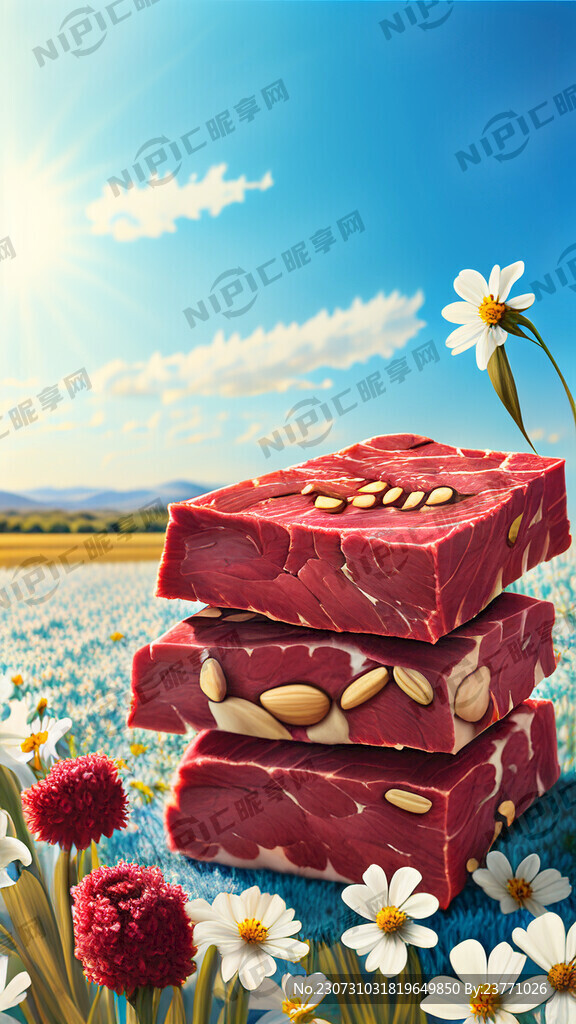 切开的牛肉块堆在一起 在花丛中