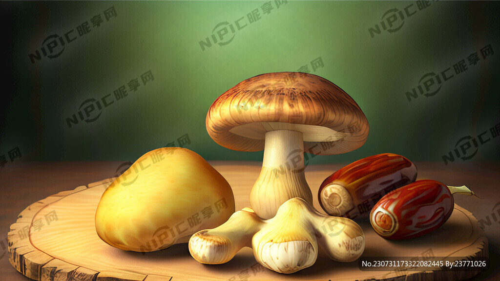 巴西蘑菇 红枣 生姜 在砧板上