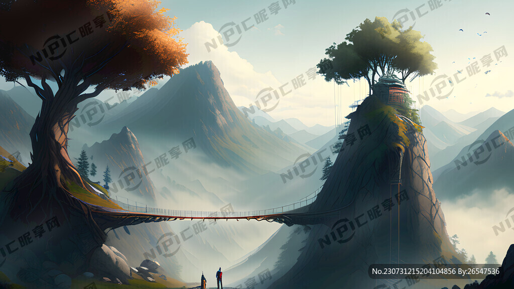 崇山峻岭中远处有一座吊桥