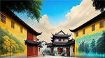 中国风，城镇，志愿服务，墙体彩绘，长幅，道路，建筑，公园墙绘，清新唯美，