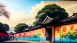 公园中国风墙体彩绘，有城镇街道等建筑做背景，志愿服务为主题，公园墙绘，清新唯美，横幅，长幅