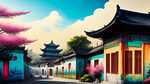 公园中国风墙体彩绘，有城镇街道等建筑做背景，志愿服务为主题，公园墙绘，清新唯美，横幅，长幅