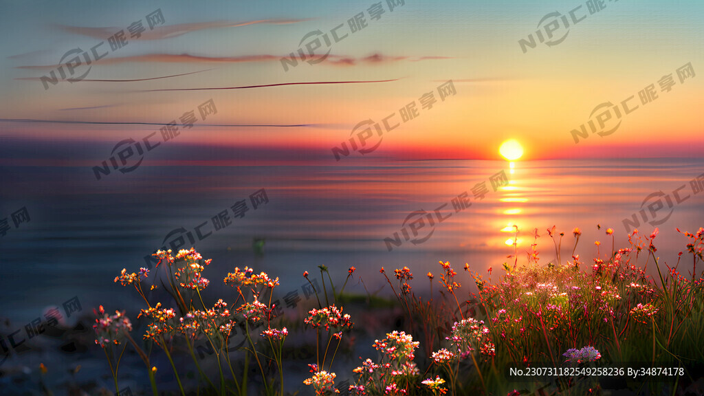 大海 太阳 前景是很多小野花
