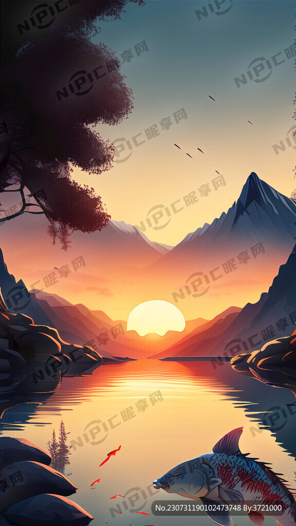 大山 泉水 太阳 鲤鱼