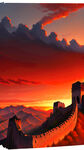 长城，红色天空，落日，
