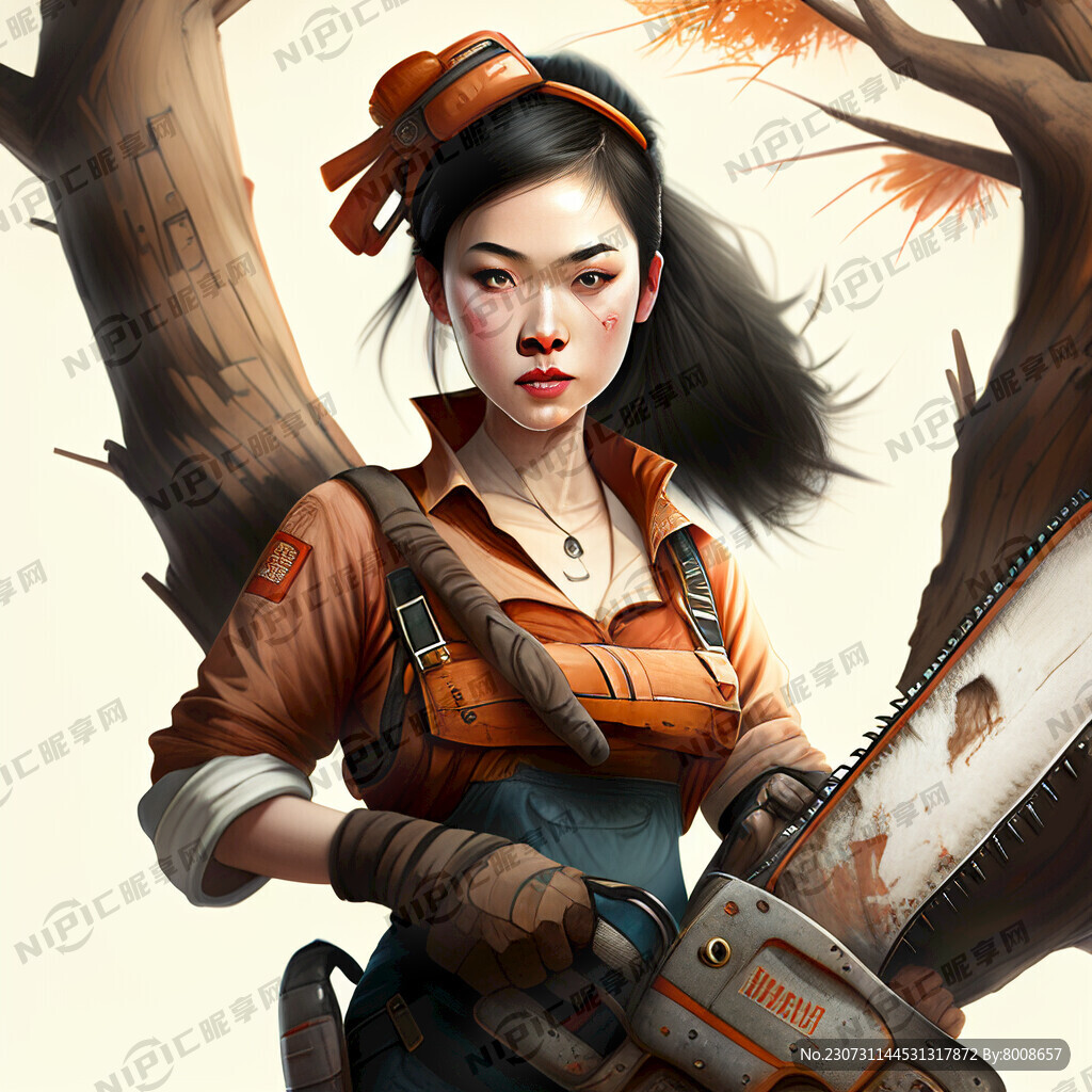 美女拿着电锯在锯树