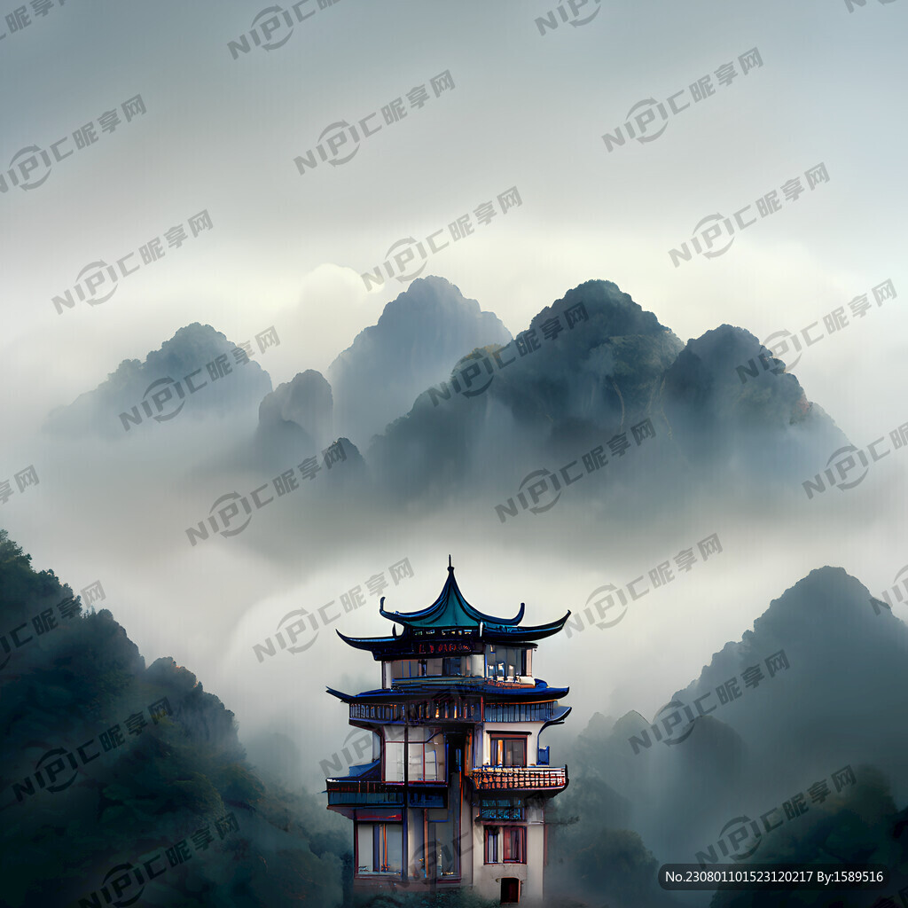 徽派建筑 云雾 远山