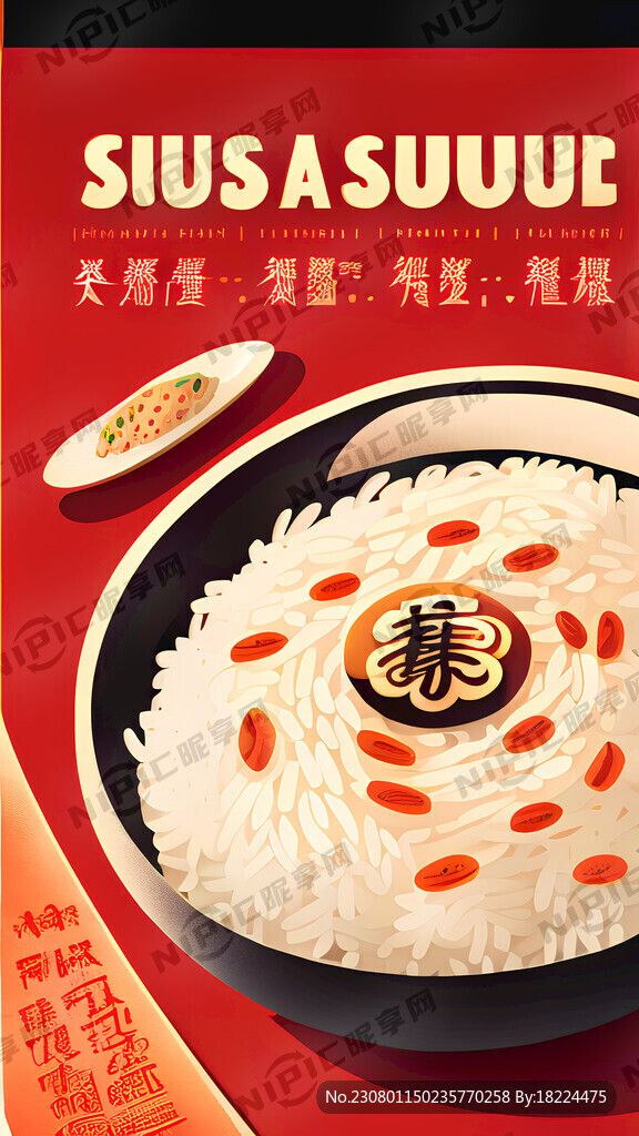 拌饭美食宣传插画竖版红底有设计