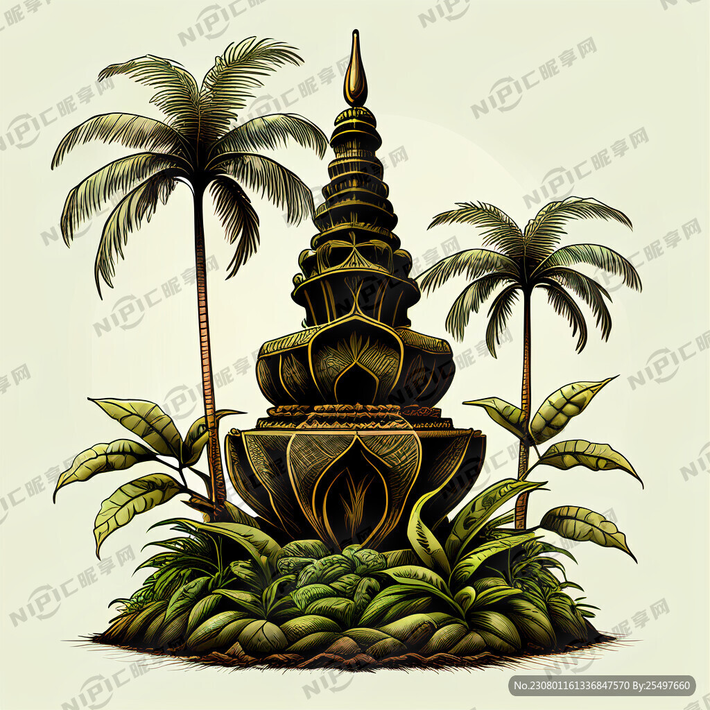 种植茶叶 线描 佛塔 椰子树