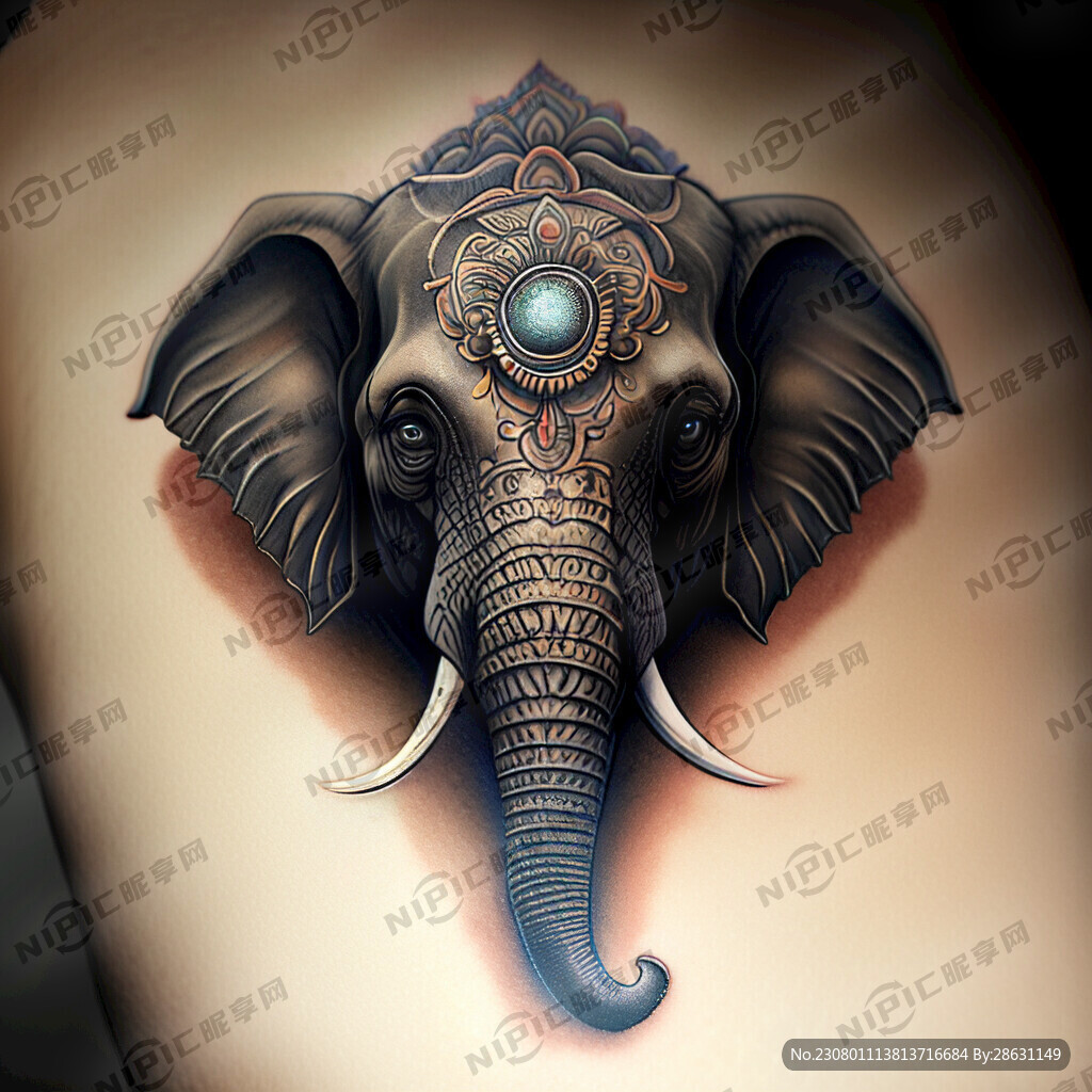 纹身 大象头部。眼睛里有光