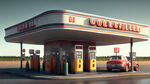 三维渲染加油站四十五度角场景，有油价牌，有车加油