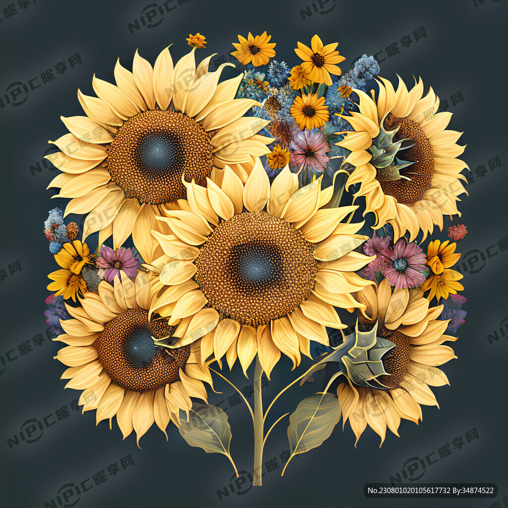 三个大向日葵 下面有各色花花