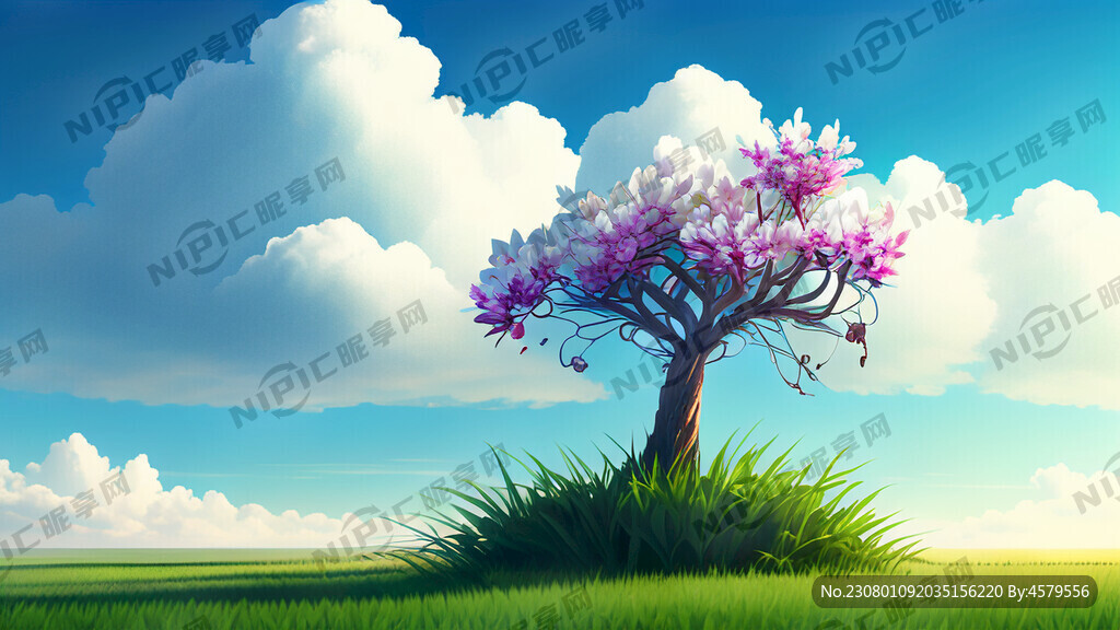 蓝天 白云 鸟 绿草 独树