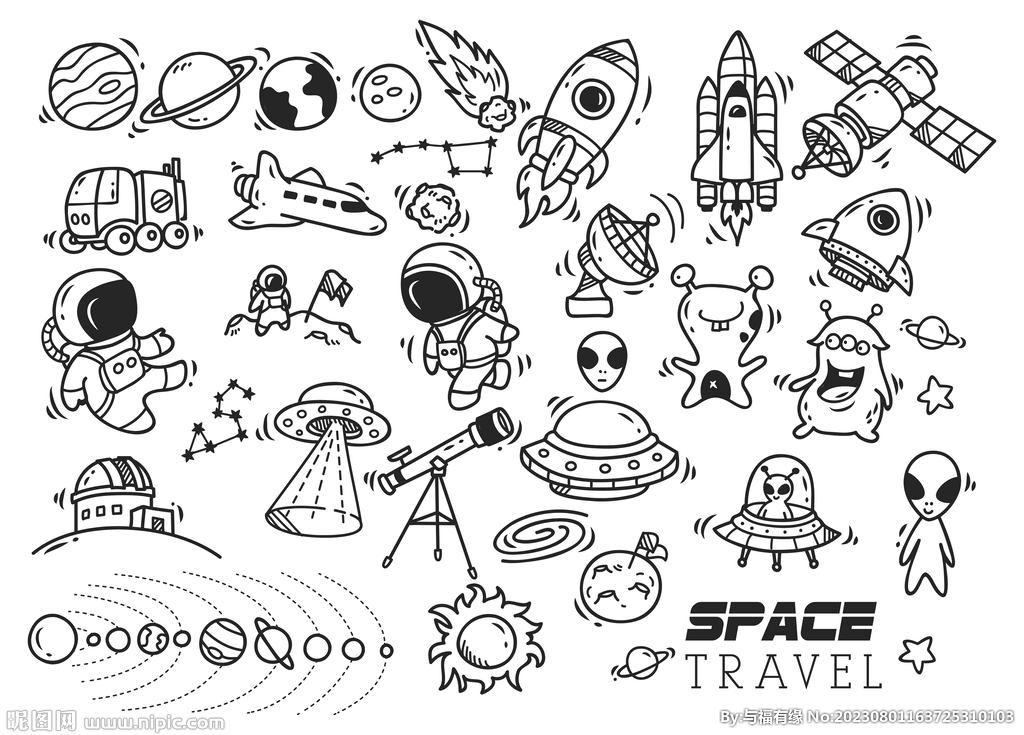 手绘黑白宇航员飞船火星人元素