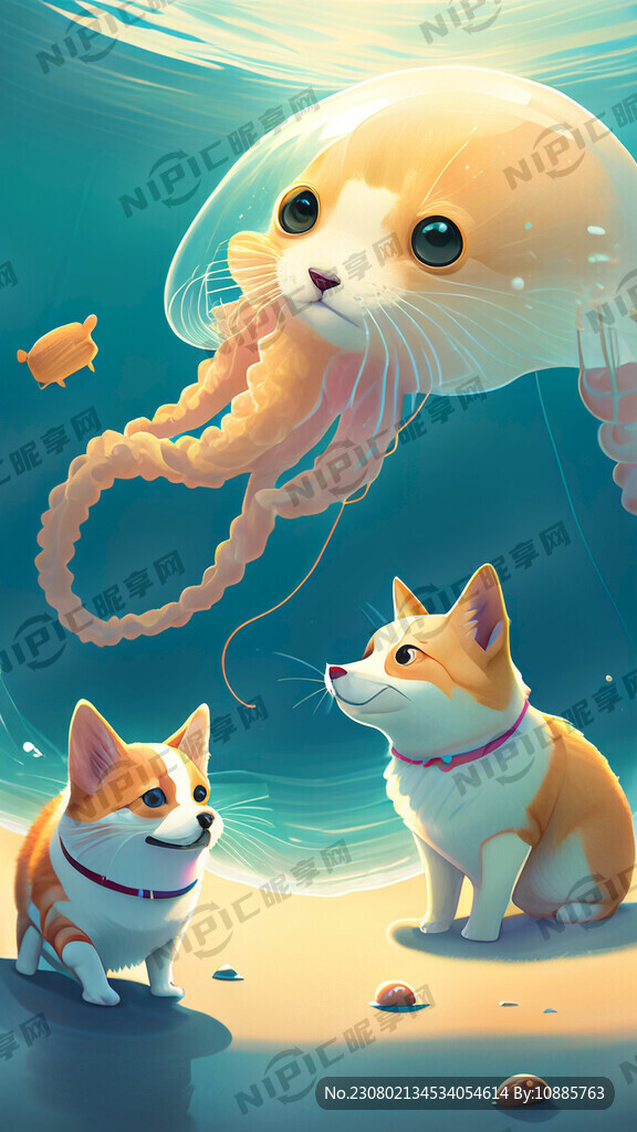 大水母和柯基还有猫猫一起在海洋