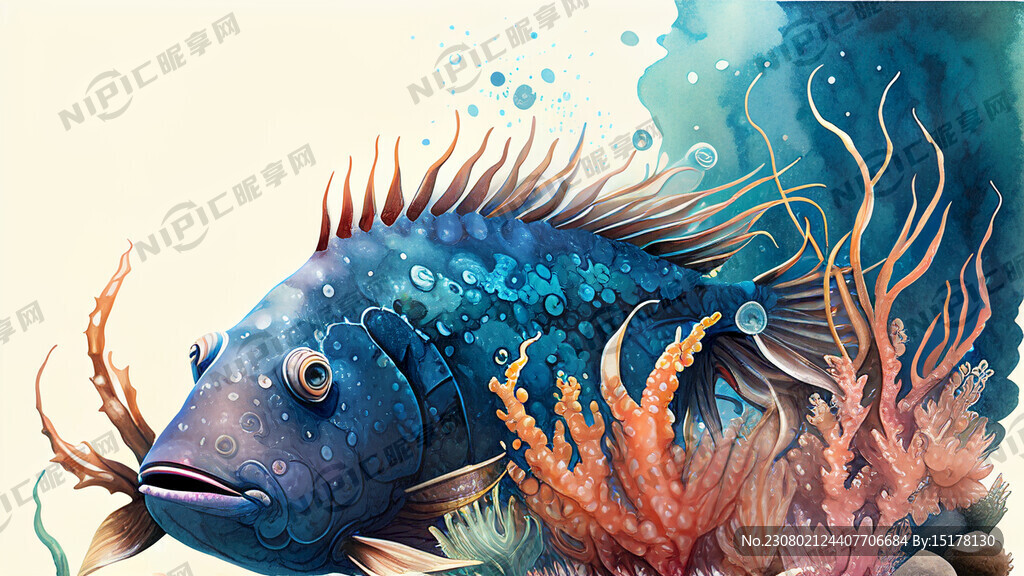 水彩手绘东星斑海鲜海底