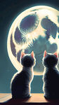 圆月下的小猫咪一家在举头望月