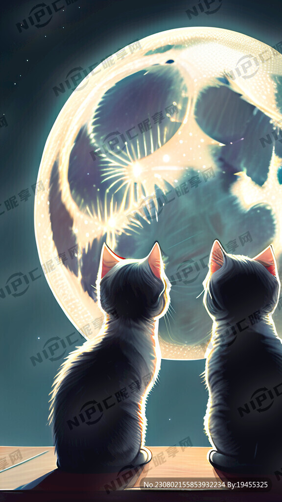 圆月下的小猫咪一家在举头望月