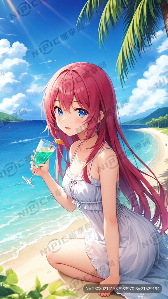 穿着漂亮的卡通女孩在海滩上享受