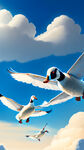 一直大白鹅在蓝天白云下自由的飞翔，一架飞机在大白鹅后面，一个可爱的小女孩在镜头的最前面