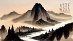 中国水墨画，小桥，小河，木屋，大山，草地，树林，老人，日落，几只小鸟