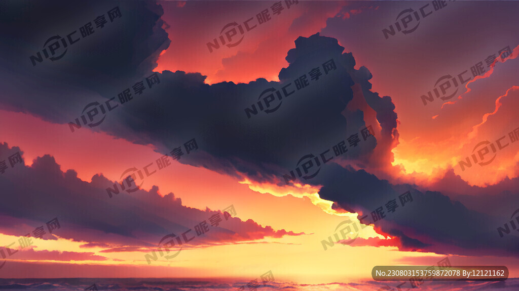 大海火烧云晚霞沙滩海浪