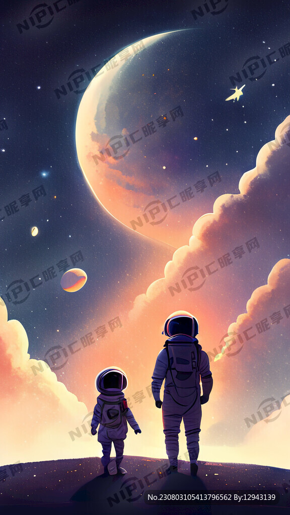 一家三口的太空人在星空下旅行温