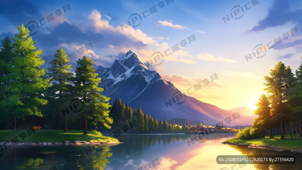梦幻场景有山有水有太阳有树和在