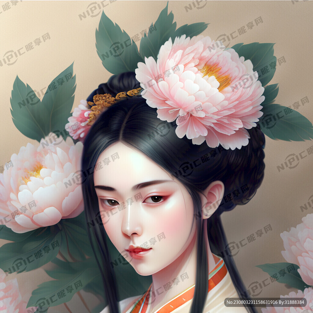 古风少女牡丹插画超现实五官精致