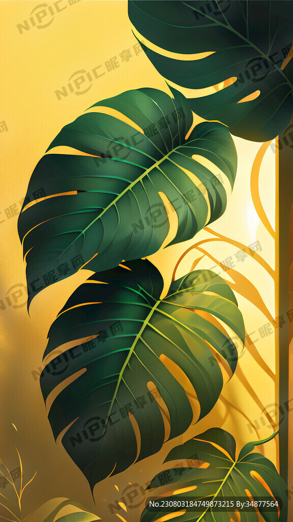 阳光 大叶绿植 金色背景