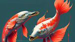 两只苍鹭，展开翅膀，在水面上，共同嘴里吊着一只红色大鲤鱼