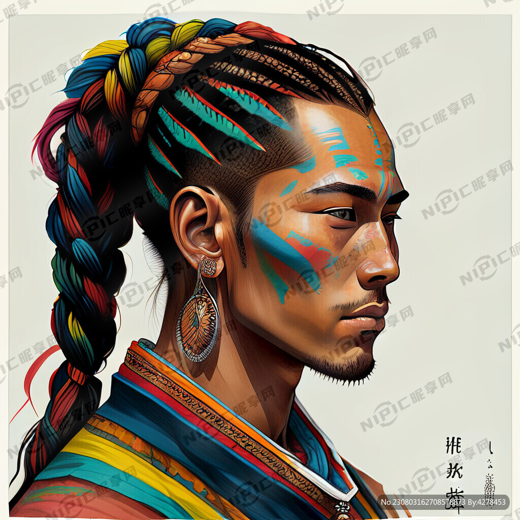 藏族彩色巴西辫手绘男