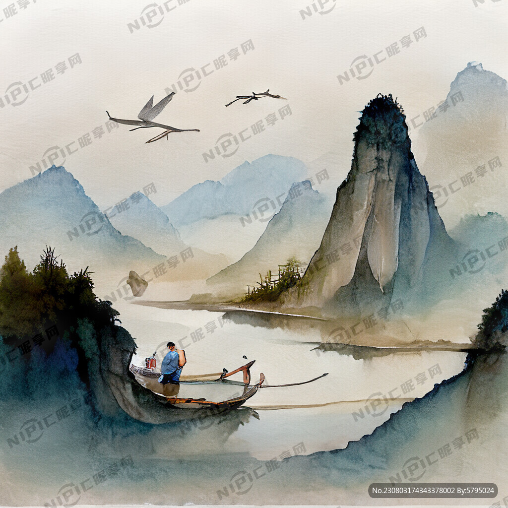 山川 河流 飞鸟 小船渔夫
