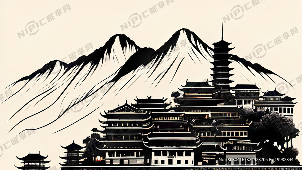 山西城市 矢量插图 单色线稿