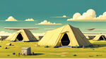 一张露营地的海报，内容是草原上有个小机场，机场旁边有个露营基地，一排米黄色的露营帐篷，天空上还有飞机飞过，草地上还有人在戏耍，也有人的自主烧烤啤酒，