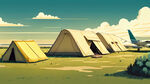 一张露营地的海报，内容是草原上有个小机场，机场旁边有个露营基地，一排米黄色的露营帐篷，天空上还有飞机飞过，草地上还有人在戏耍，也有人的自主烧烤啤酒，