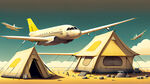 一张海报，露营地，上空飞机飞过，下方有米黄色帐篷
