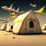 一排米黄色露营帐篷上方飞过小型飞机
