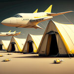 一排米黄色露营帐篷上方飞过小型飞机