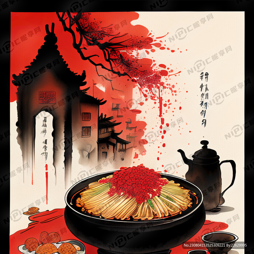 古城弥漫着美食香味红色中国风亮