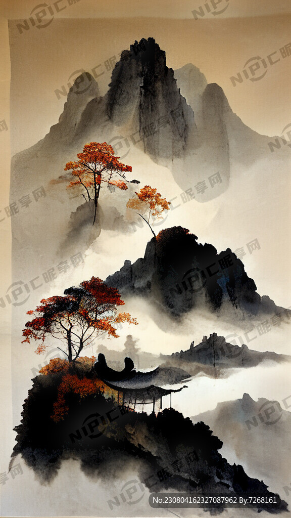 秋天禅意水墨风景画