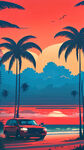 黄昏，沙滩，椰子树，汽车，红色的云朵，蓝色天空