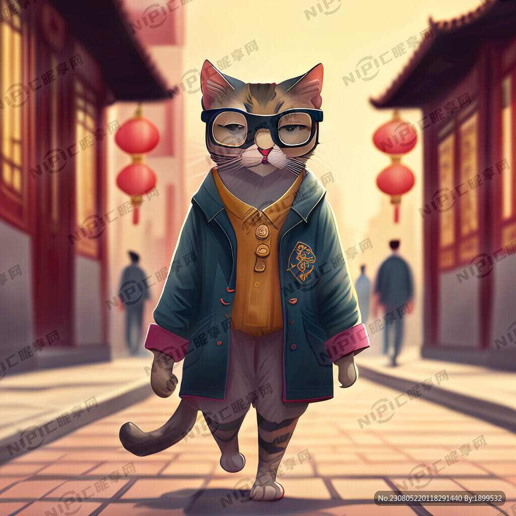 穿着时尚衣服带着眼镜的猫走在街