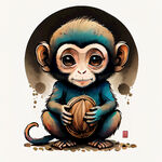 小猴子，可爱，手拿坚果，国潮插画