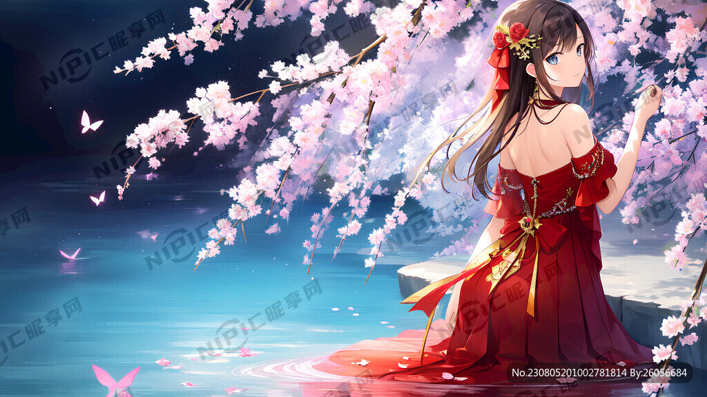 彼岸花花海水晶古风红衣美女回头