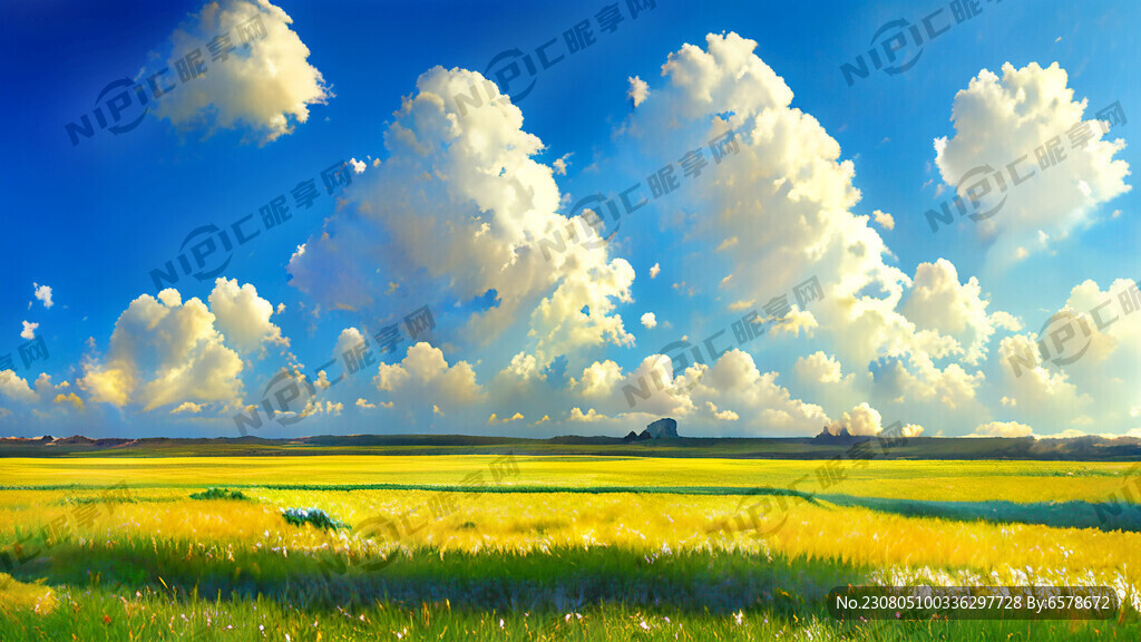 白云云朵蓝天草地夏日阳光风景画