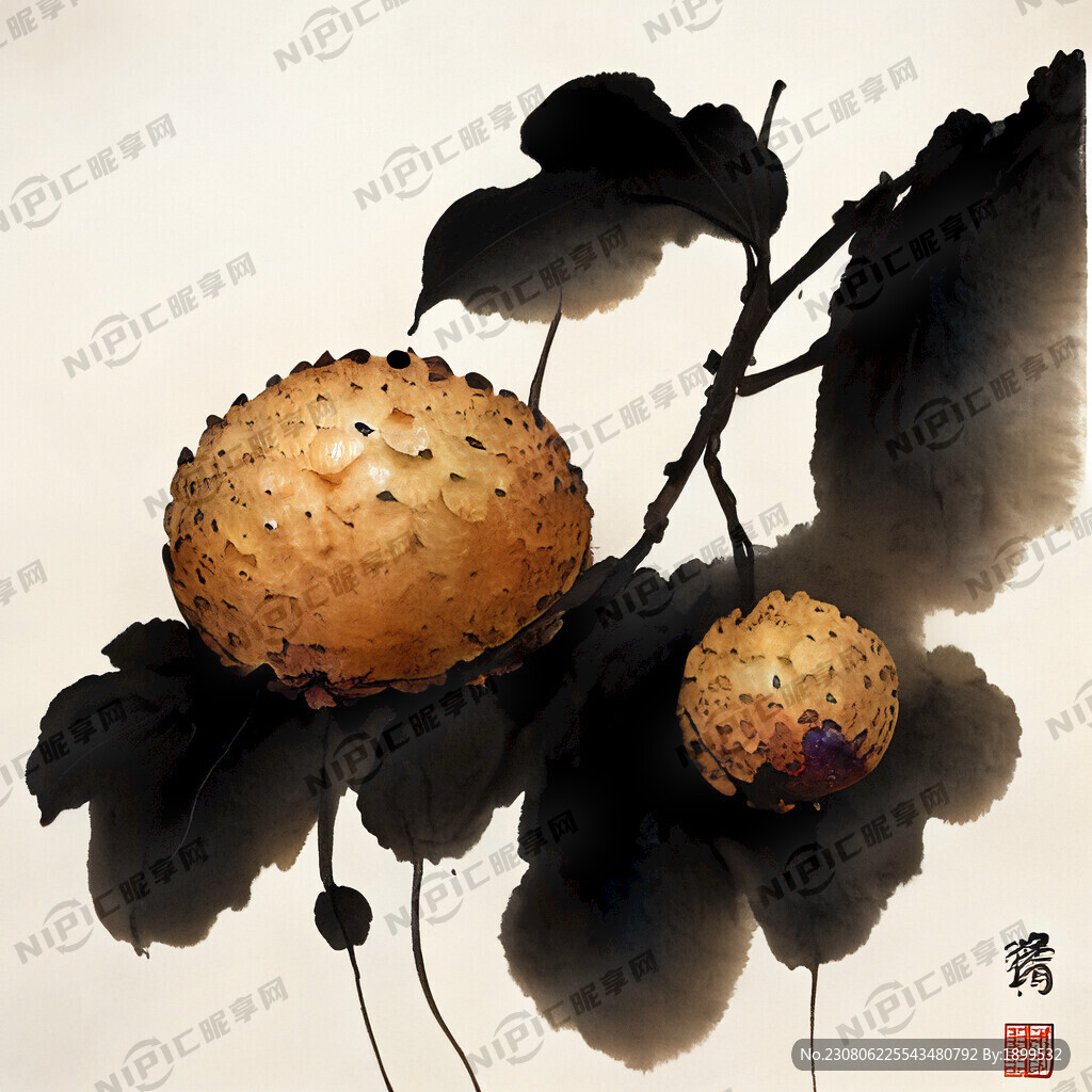 水果龙眼水墨画风格