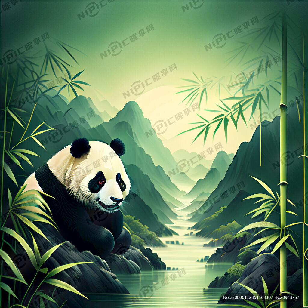 竹子背景清爽图案竹叶水熊猫绿色