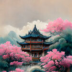 粉色花海，仙界，花型建筑
